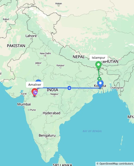 Route map showing distance and travel time from Islampur, India to Amalner, India