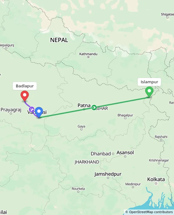 Route map showing distance and travel time from Islampur, India to Badlapur, India