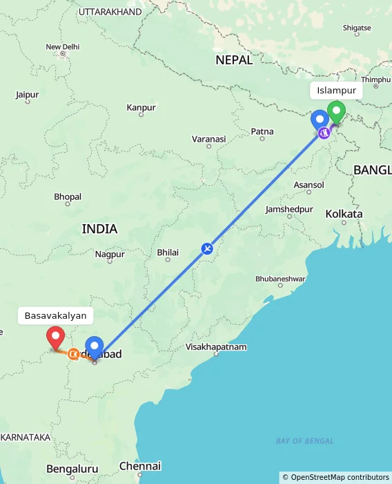 Route map showing distance and travel time from Islampur, India to Basavakalyan, India