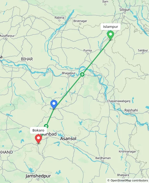 Route map showing distance and travel time from Islampur, India to Bokaro, India