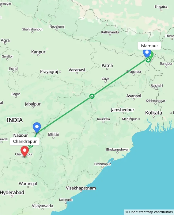 Route map showing distance and travel time from Islampur, India to Chandrapur, India