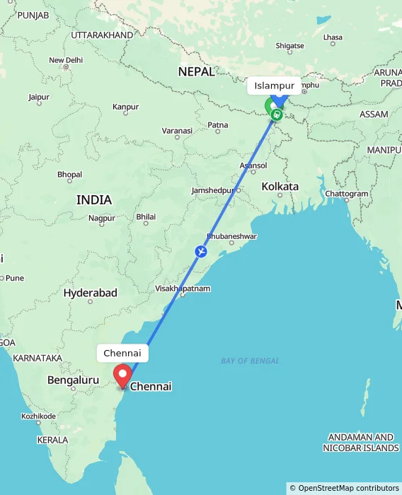 Route map showing distance and travel time from Islampur, India to Chennai, India
