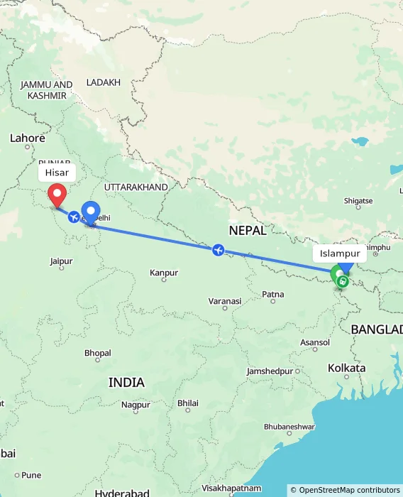 Route map showing distance and travel time from Islampur, India to Hisar, India