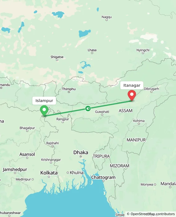 Route map showing distance and travel time from Islampur, India to Itanagar, India