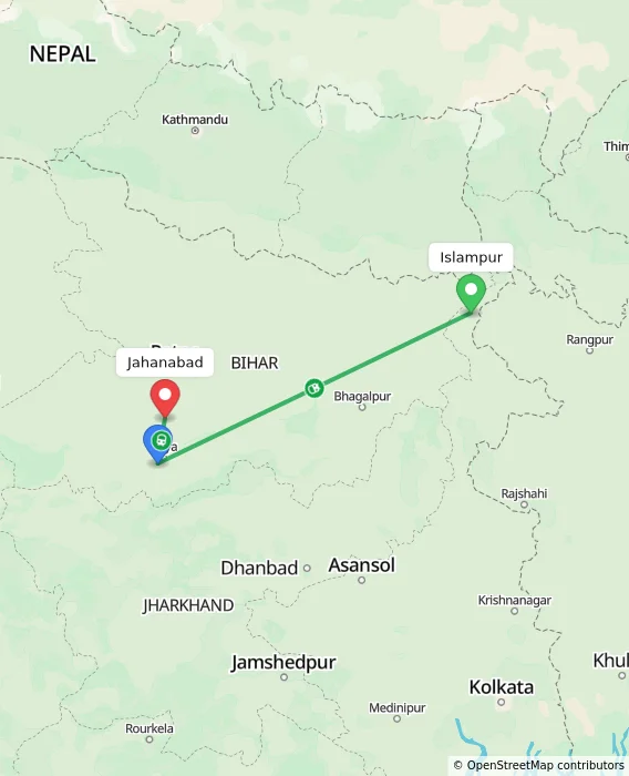 Route map showing distance and travel time from Islampur, India to Jahanabad, India