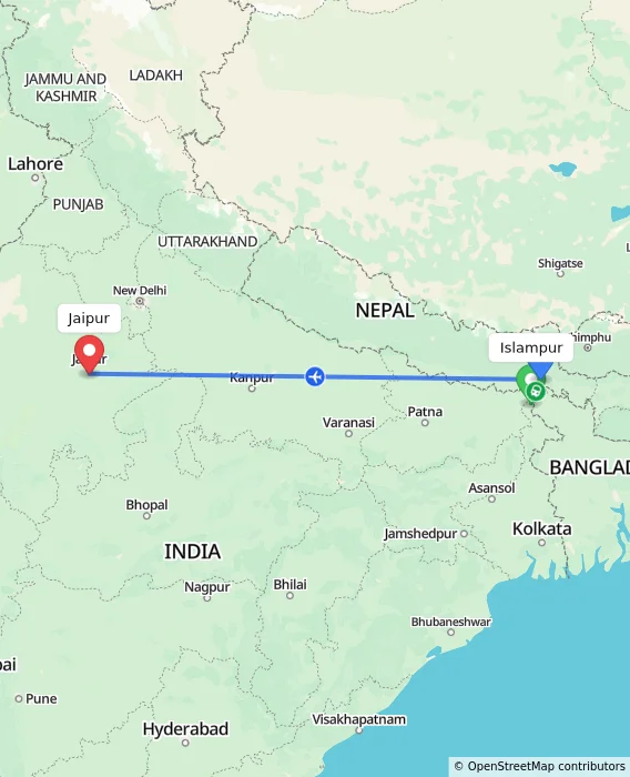 Route map showing distance and travel time from Islampur, India to Jaipur, India