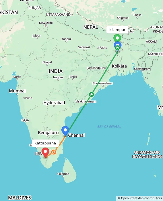 Route map showing distance and travel time from Islampur, India to Kattappana, India