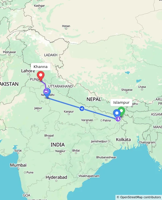 Route map showing distance and travel time from Islampur, India to Khanna, India