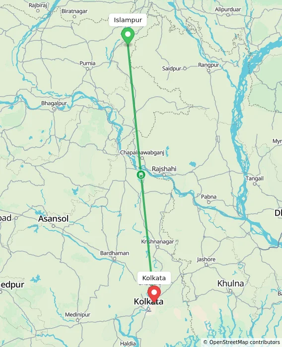 Route map showing distance and travel time from Islampur, India to Kolkata, India