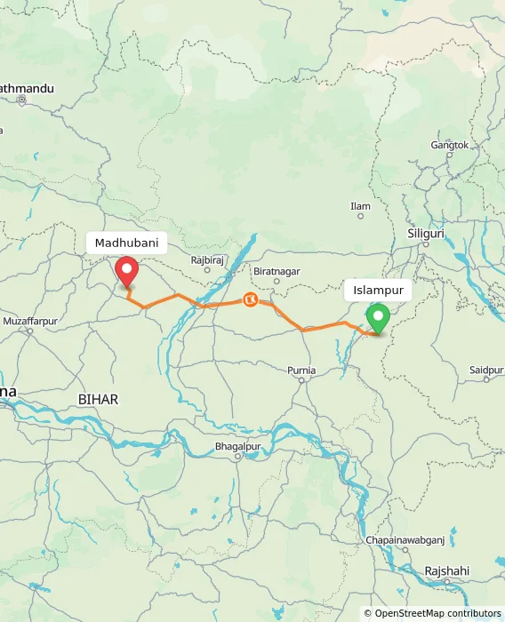 Route map showing distance and travel time from Islampur, India to Madhubani, India