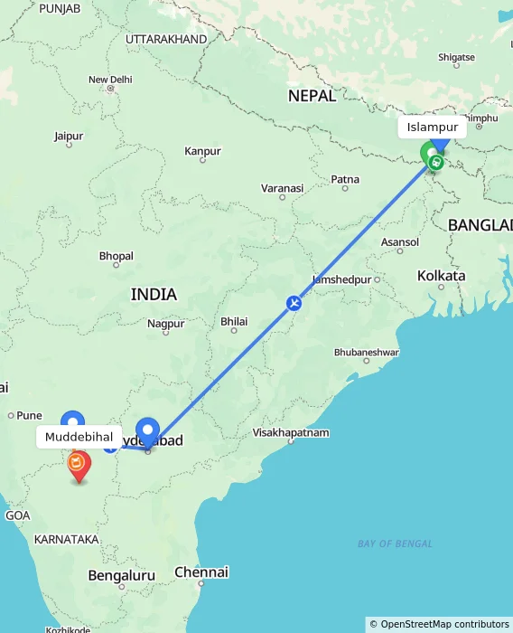 Route map showing distance and travel time from Islampur, India to Muddebihal, India