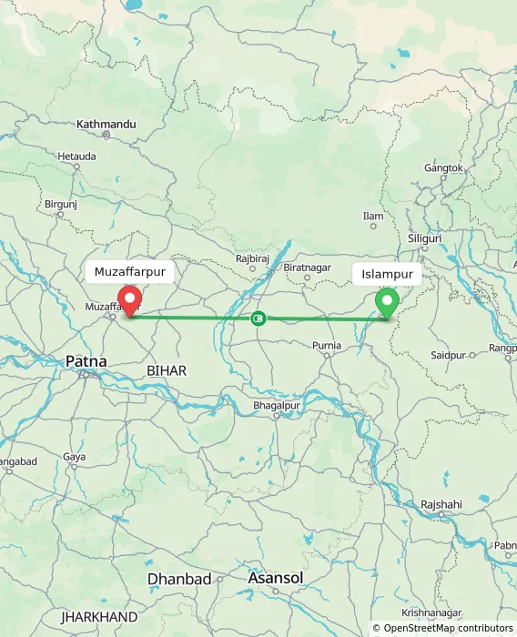 Route map showing distance and travel time from Islampur, India to Muzaffarpur, India