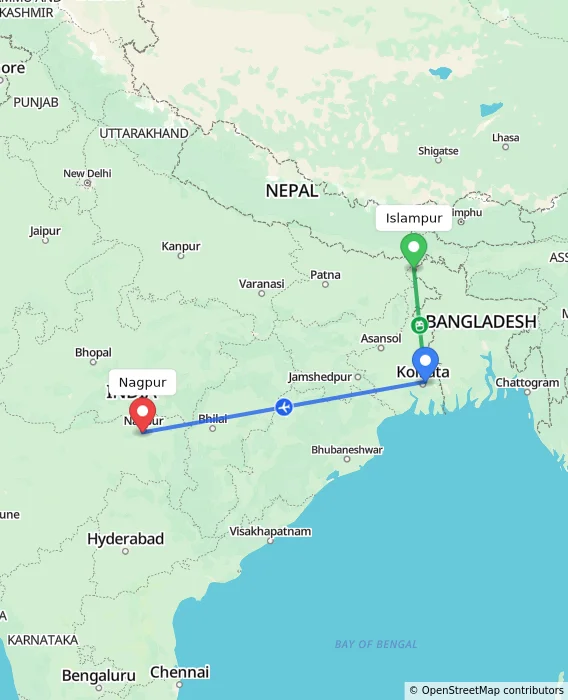 Route map showing distance and travel time from Islampur, India to Nagpur, India