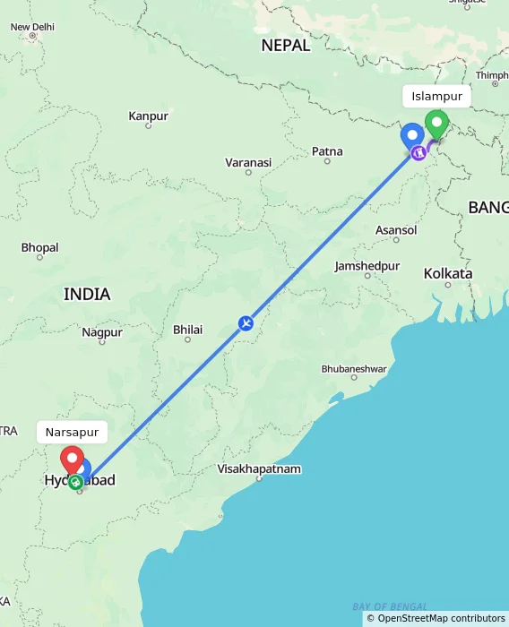 Route map showing distance and travel time from Islampur, India to Narsapur, India