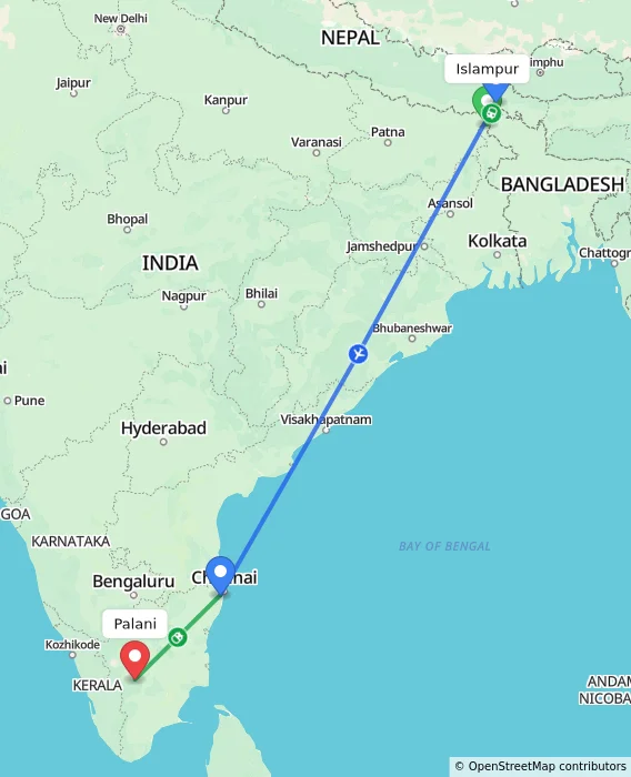 Route map showing distance and travel time from Islampur, India to Palani, India