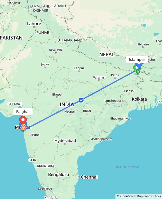 Route map showing distance and travel time from Islampur, India to Palghar, India