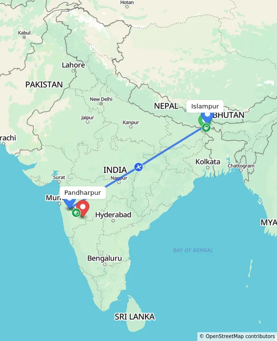 Route map showing distance and travel time from Islampur, India to Pandharpur, India