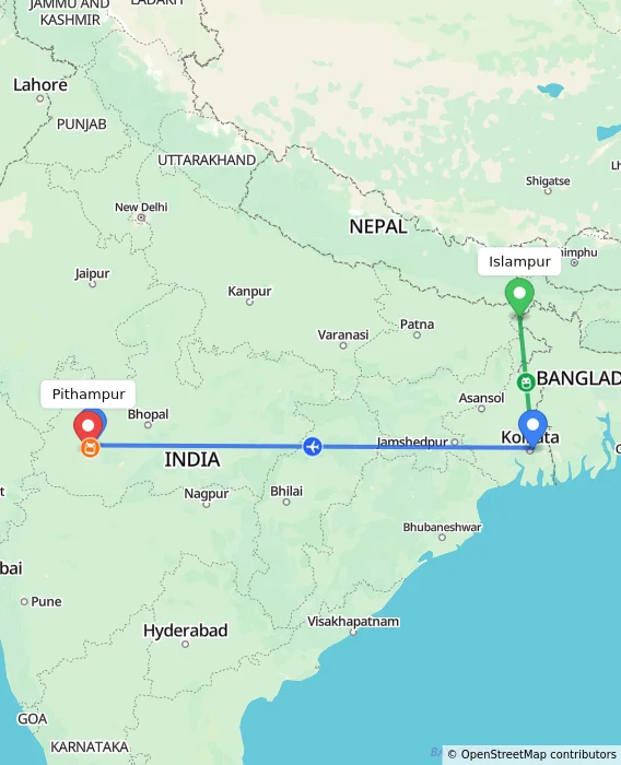 Route map showing distance and travel time from Islampur, India to Pithampur, India