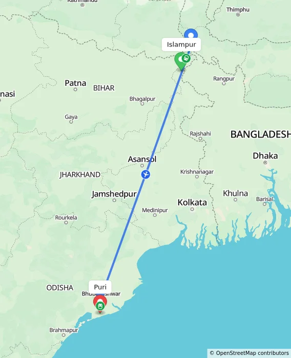 Route map showing distance and travel time from Islampur, India to Puri, India
