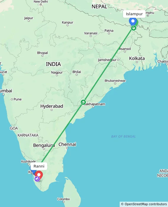 Route map showing distance and travel time from Islampur, India to Ranni, India
