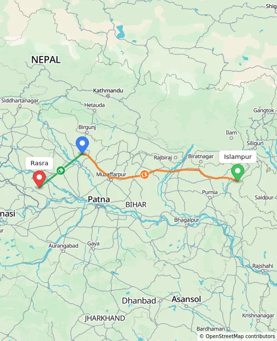 Route map showing distance and travel time from Islampur, India to Rasra, India