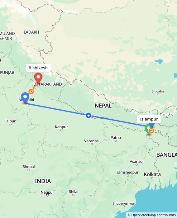 Route map showing distance and travel time from Islampur, India to Rishikesh, India