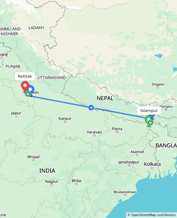 Route map showing distance and travel time from Islampur, India to Rohtak, India