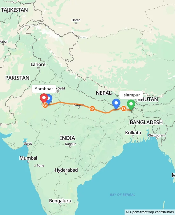 Route map showing distance and travel time from Islampur, India to Sambhar, India