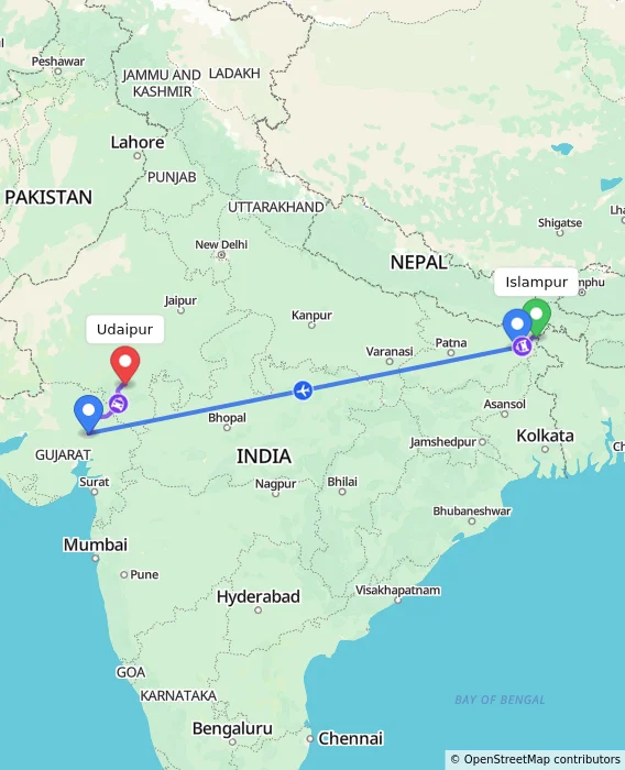 Route map showing distance and travel time from Islampur, India to Udaipur, India