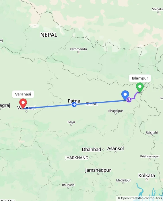 Route map showing distance and travel time from Islampur, India to Varanasi, India