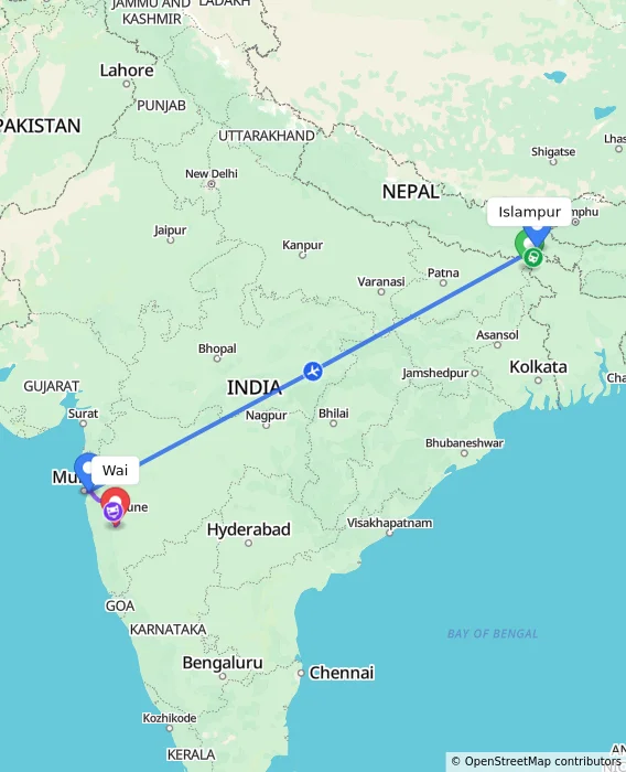 Route map showing distance and travel time from Islampur, India to Wai, India