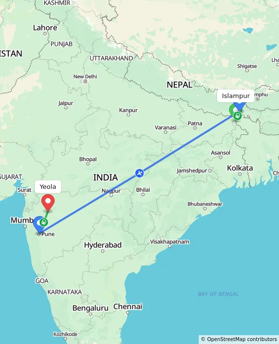 Route map showing distance and travel time from Islampur, India to Yeola, India