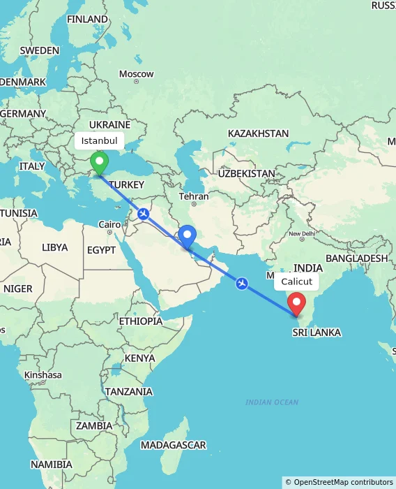 Route map showing distance and travel time from Istanbul, Turkey to Calicut, India
