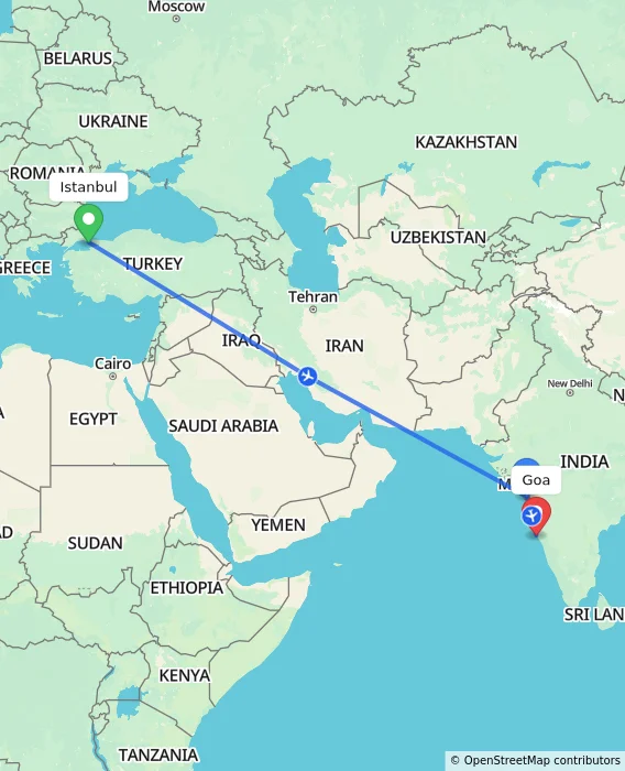 Route map showing distance and travel time from Istanbul, Turkey to Goa, India
