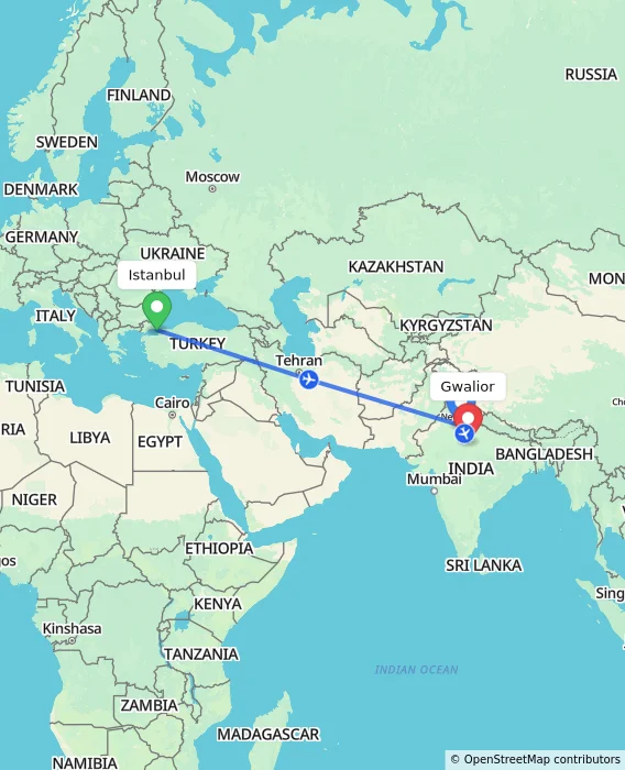 Route map showing distance and travel time from Istanbul, Turkey to Gwalior, India