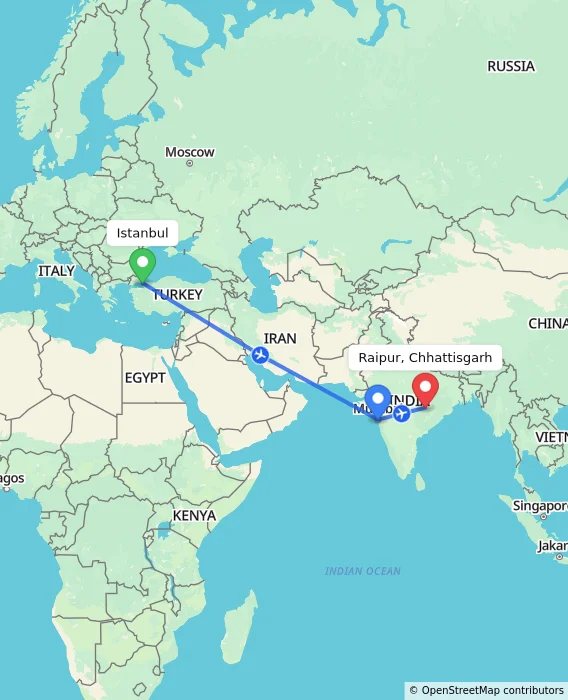 Route map showing distance and travel time from Istanbul, Turkey to Raipur, Chhattisgarh, India