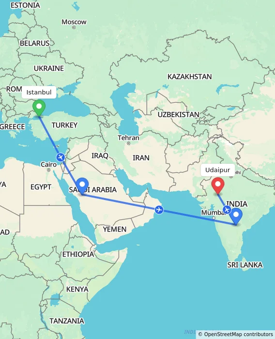 Route map showing distance and travel time from Istanbul, Turkey to Udaipur, India