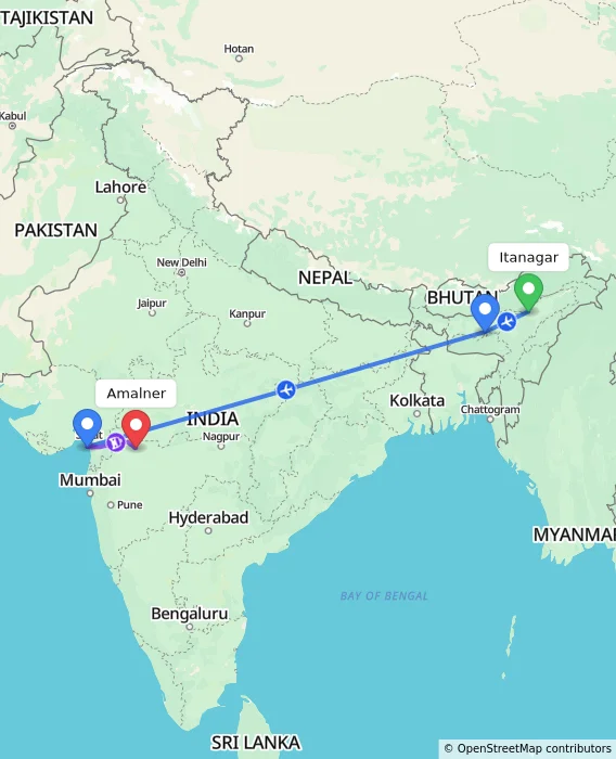 Route map showing distance and travel time from Itanagar, India to Amalner, India