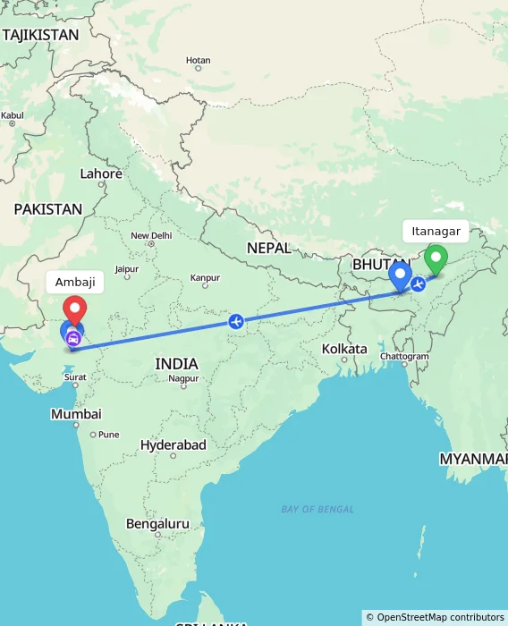 Route map showing distance and travel time from Itanagar, India to Ambaji, India