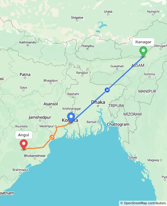 Route map showing distance and travel time from Itanagar, India to Angul, India