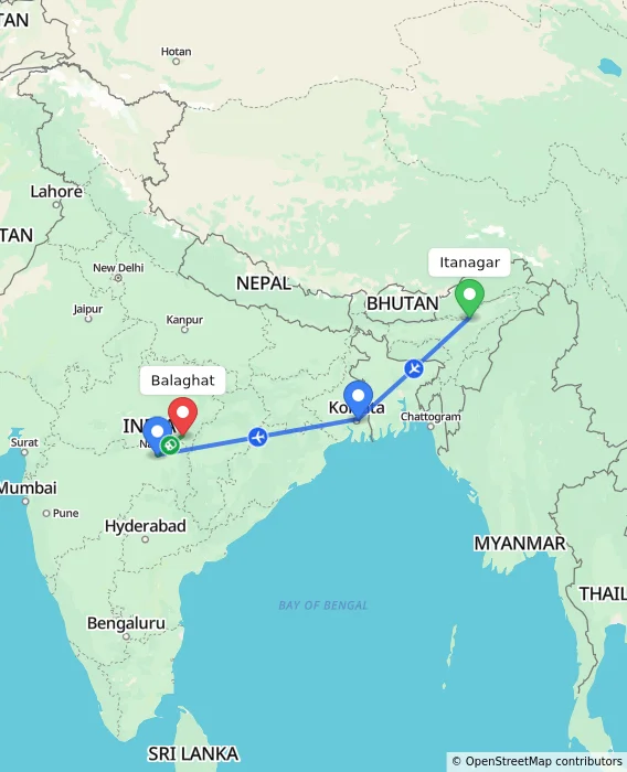 Route map showing distance and travel time from Itanagar, India to Balaghat, India