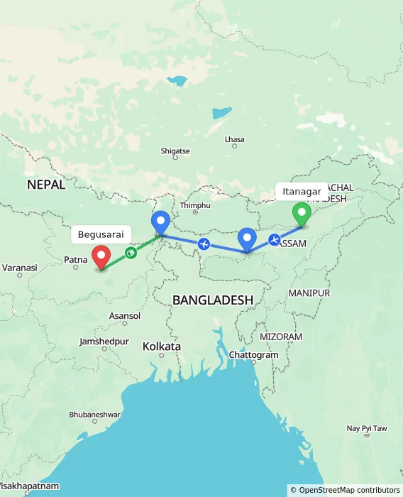Route map showing distance and travel time from Itanagar, India to Begusarai, India