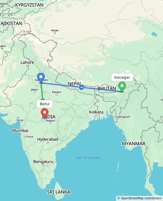 Route map showing distance and travel time from Itanagar, India to Betul, India