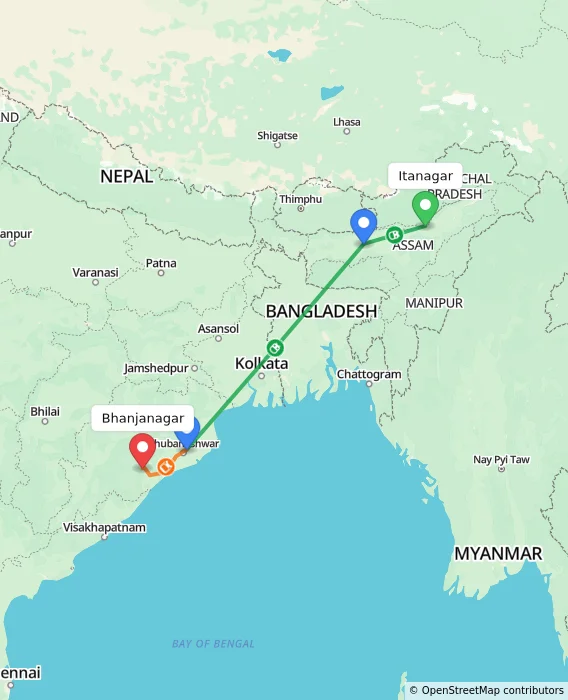 Route map showing distance and travel time from Itanagar, India to Bhanjanagar, India