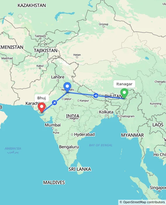 Route map showing distance and travel time from Itanagar, India to Bhuj, India