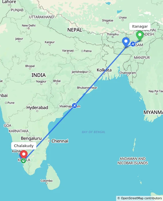 Route map showing distance and travel time from Itanagar, India to Chalakudy, India