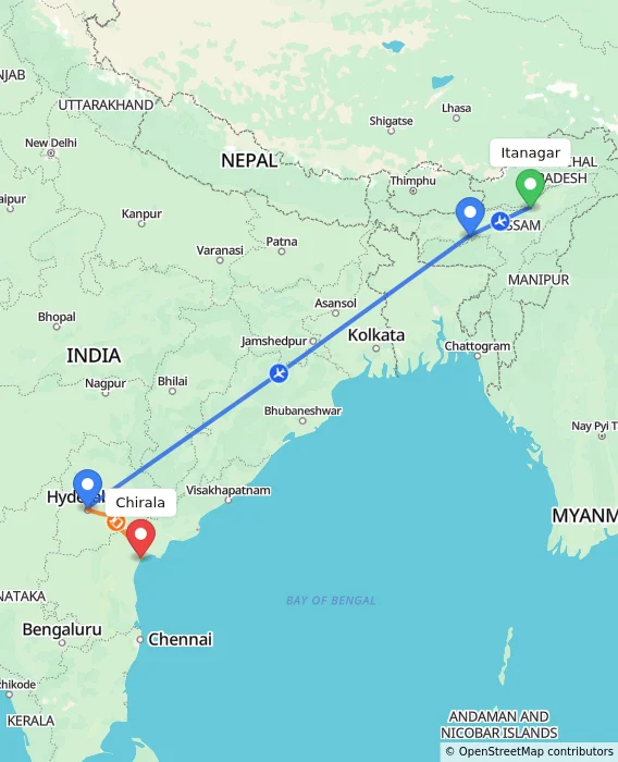 Route map showing distance and travel time from Itanagar, India to Chirala, India