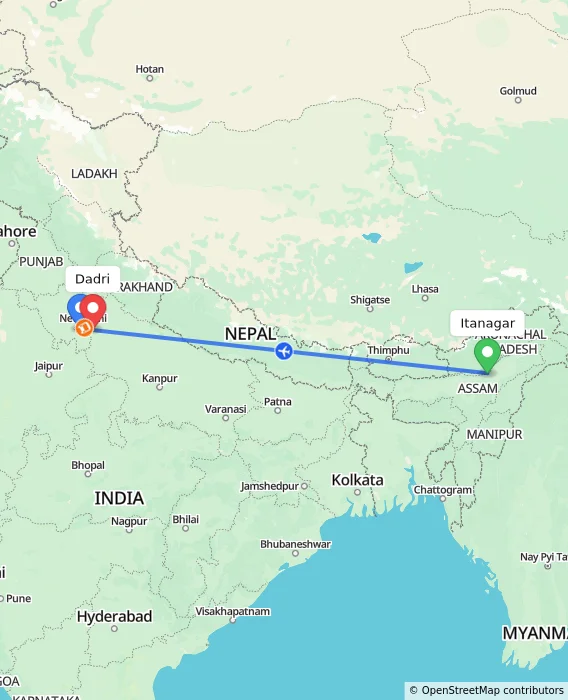 Route map showing distance and travel time from Itanagar, India to Dadri, India