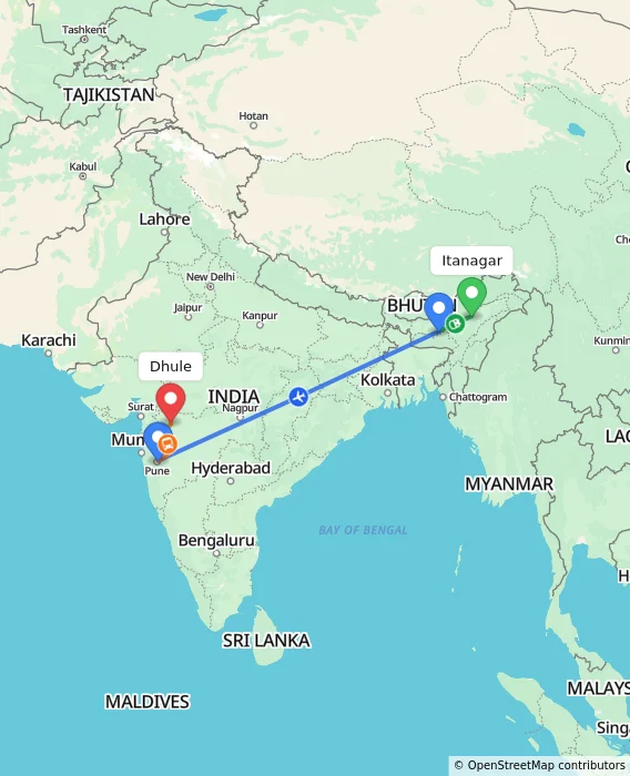 Route map showing distance and travel time from Itanagar, India to Dhule, India