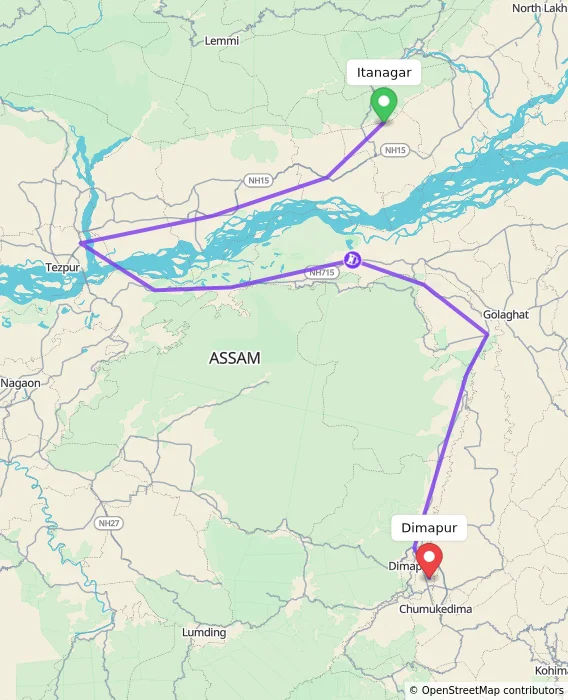 Route map showing distance and travel time from Itanagar, India to Dimapur, India